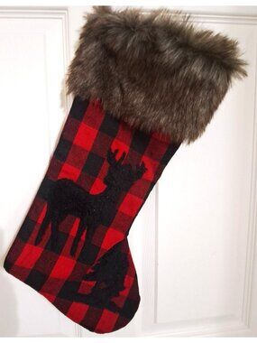 Unbranded Red Black Buffalo Plaid Christmas Stocking Faux Fur Trim Deer Applique